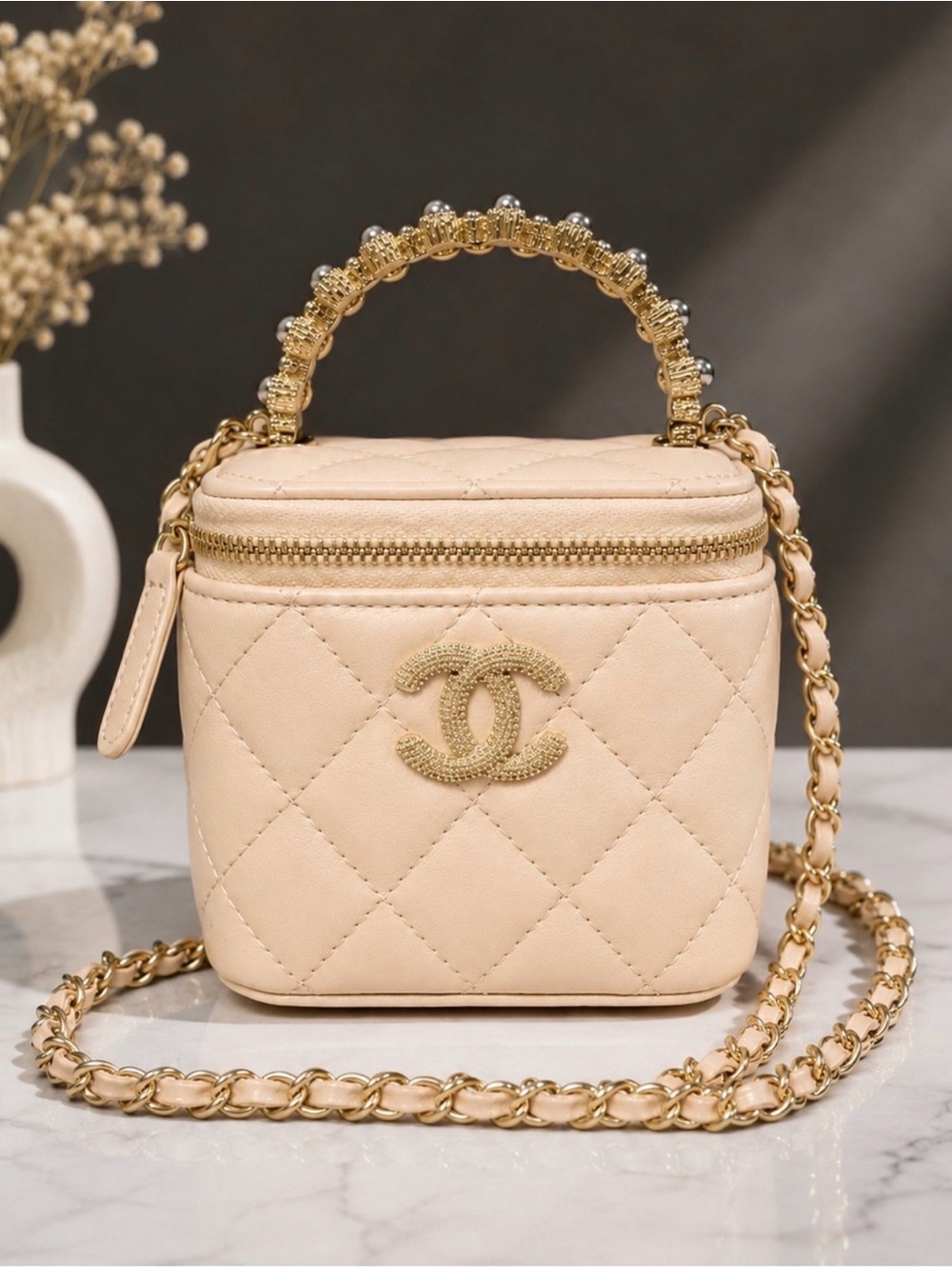 GWP CHANEL Mini Quilted Vanity Bag  off white with Gold Hardware